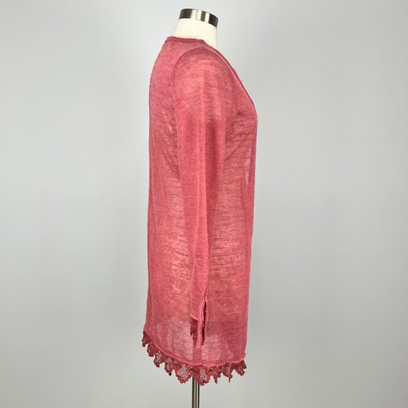 Free People Womens Long Duster Cardigan Sweater Dusty Rose Pink Lace Trim size M - Picture 6 of 14